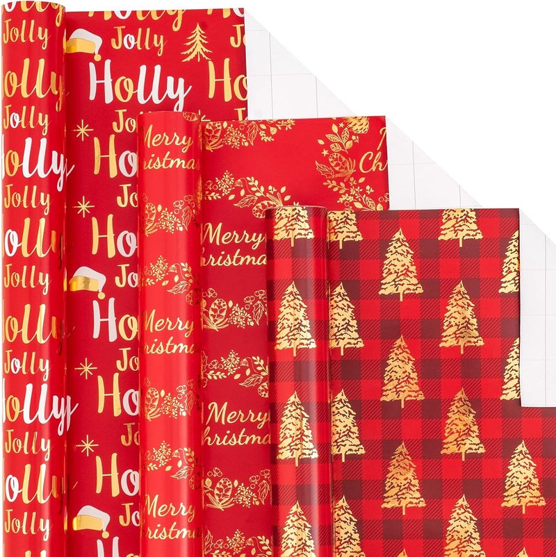 LeZakaa Red Gold Christmas Wrapping Paper Mini Roll, Christmas Tree Buffalo Plaid, Holly Jolly, Wreath Metallic Foil Holiday Gift Wrap, Arts Craft, for Xmas Winter Party, 17 x 120 inches, 3 Rolls - Image 1